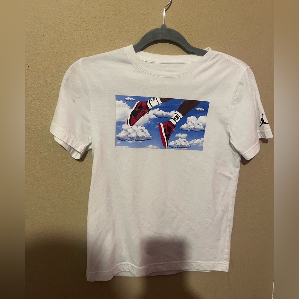 Jordan White Tee with Red Sneaker Graphic and Blue Cloud Panel